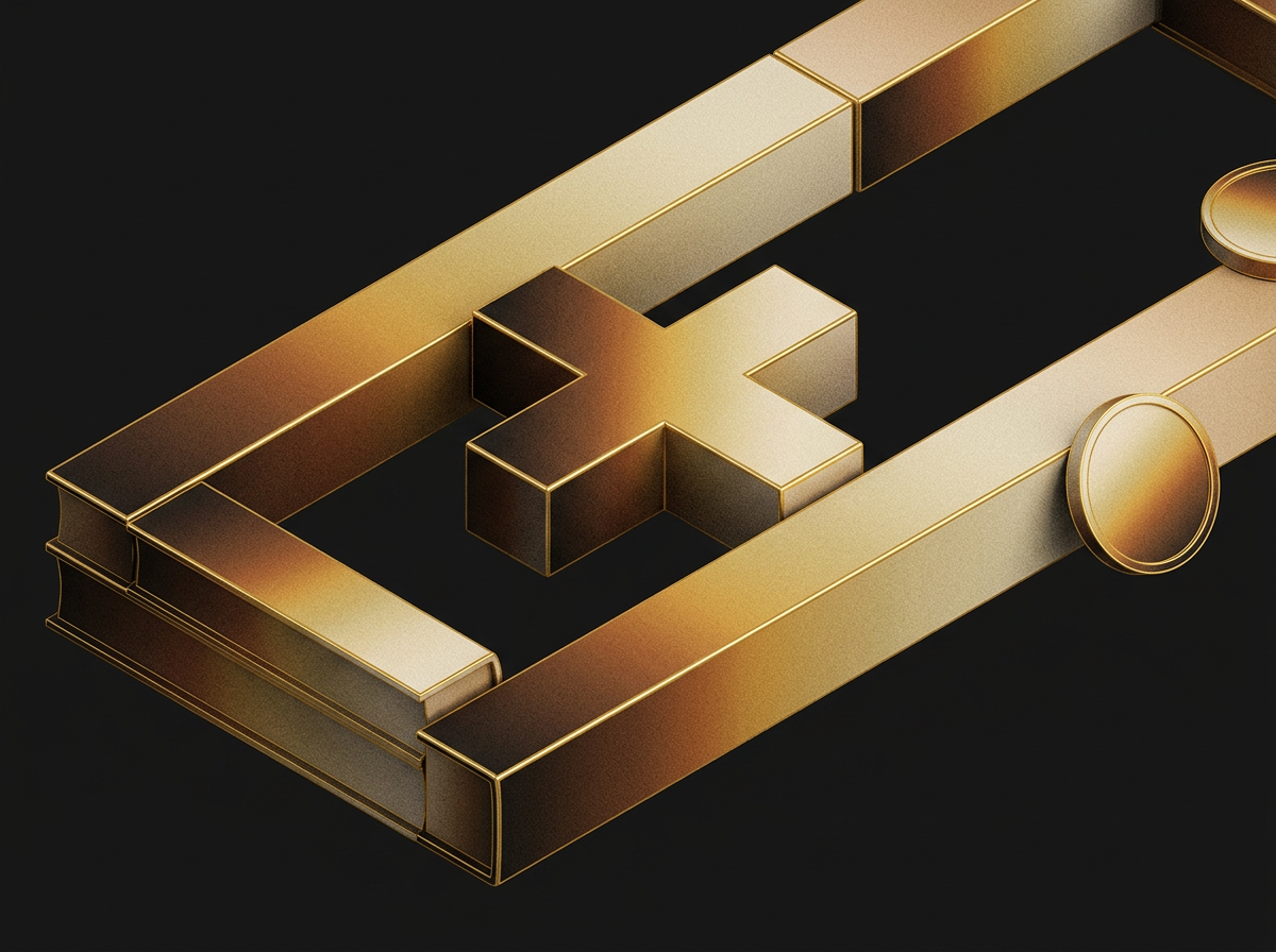Isometric gold blocks stacked like book spines, forming an open frame around a central cross